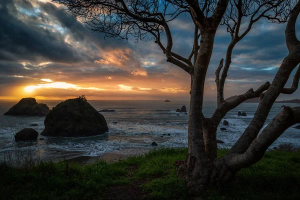 Coucher de soleil sur une plage rocheuse, côte nord de la Californie — Photo