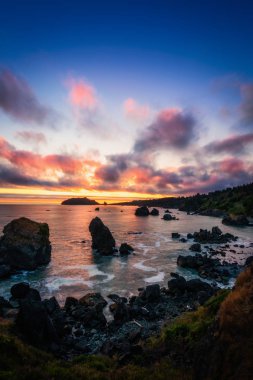 Bir kayalık Pacific Northwest plaj gün batımında
