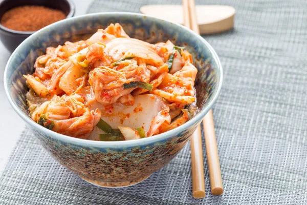 Kimchi Cabbage Korean Appetizer Bowl Horizontal Copy Space — Stock Photo, Image