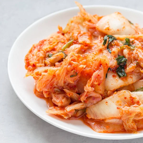 Kimchi Cabbage Korean Appetizer White Plate Square Format — Stock Photo, Image