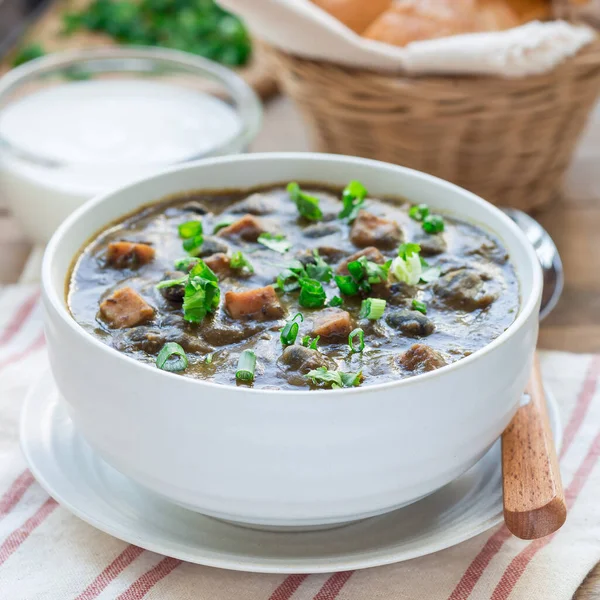 Homemade Black Bean Ham Soup Ceramic Bowl Wooden Table Square — Stock Photo, Image