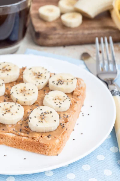Healthy Breakfast Sandwich Crunchy Peanut Butter Banana Chia Seeds White — Stock Photo, Image