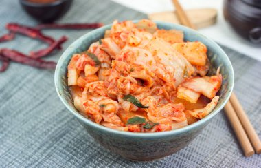 Kimchi cabbage, korean appetizer in ceramic bowl, horizontal clipart