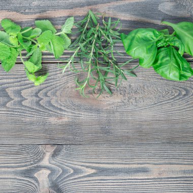 Fesleğen, nane, biberiye. Ahşap arkaplanda duran taze yeşil otlar, üst görünüm, kopyalama alanı, kare biçimi