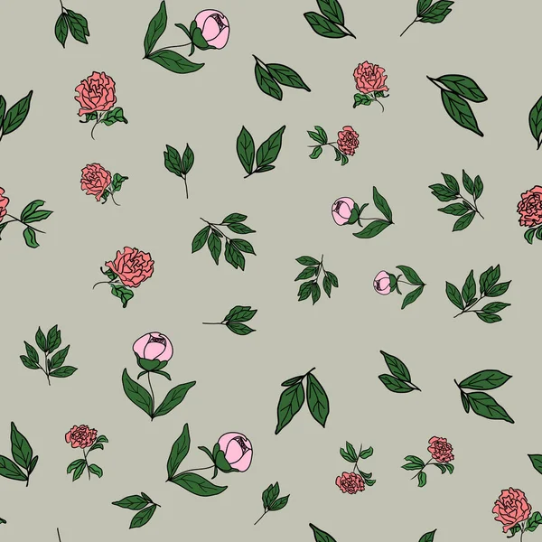 Seamless Floral Pattern Peony Flowers Leafs Gray Background Raster Illustration — Stock Photo, Image