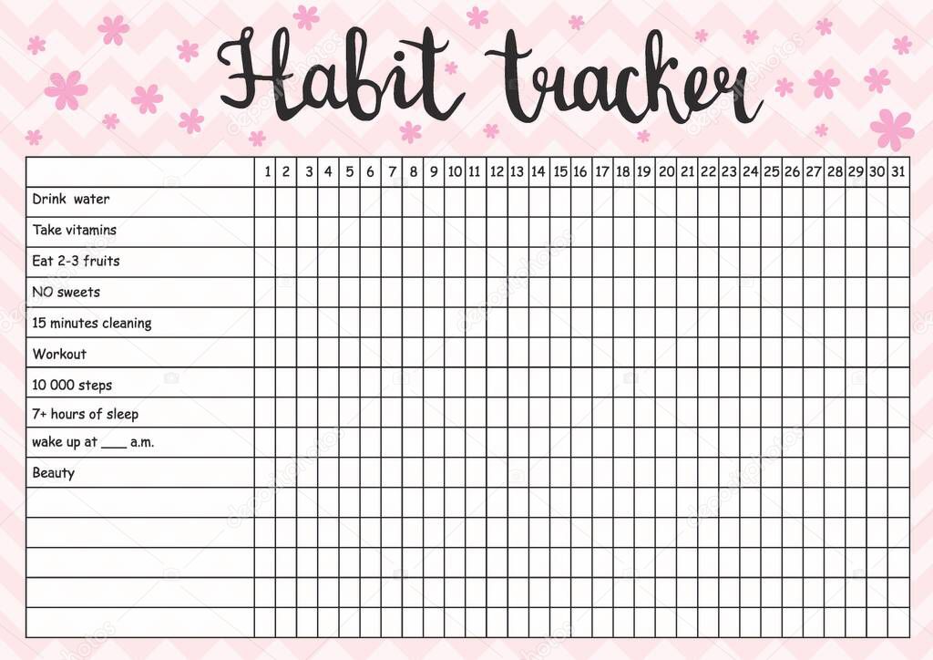 Habit tracker blank for girls, monthly planner template in pink colors, raster illustration
