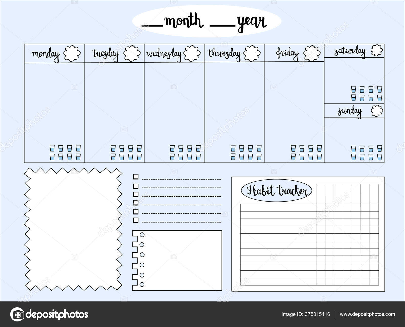Planificador Semanal Vacío Con Rastreador Nivel Agua Espacio Para Notas  Vector de stock #378015416 de ©iuliia_n, image size:1600x1293