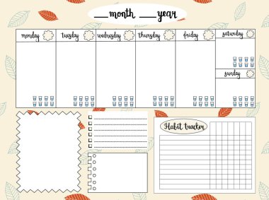 Su seviyesi izleyicisi olan haftalık boş planlamacı, not almak için yer listelemek ve alışkanlık takip etmek için sonbahar yaprakları arka planı. Zamanlama ve düzenleyici şablon. Vektör illüstrasyonu