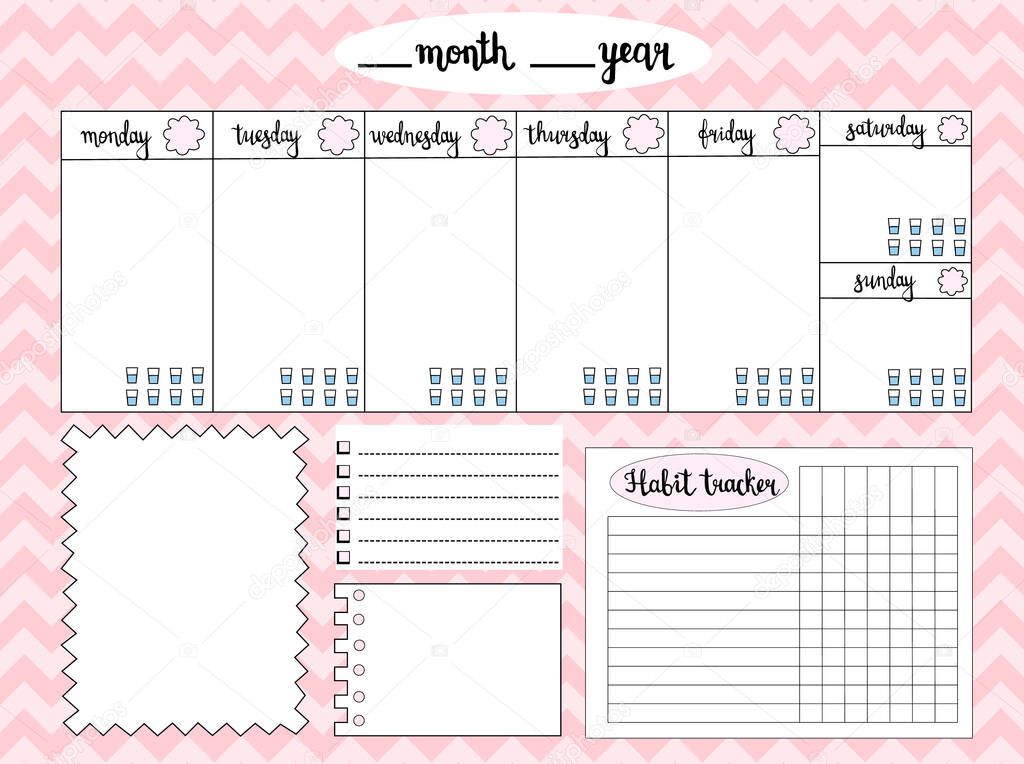 Empty weekly planner with water level tracker, space for notes, To do list and habit tracker, pink chevron background. Schedule and organizer template. Vector illustration