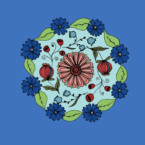 Mandala Dibujado Mano Decorativo Con Diferentes Flores Patrón Terapia Estrés — Vector de stock