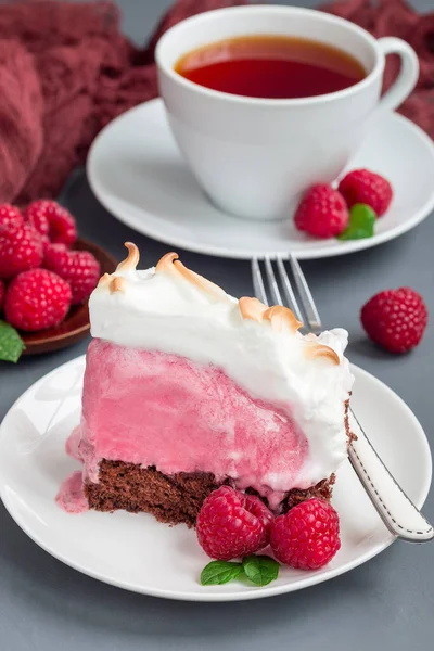 Piece Baked Alaska Chocolate Sponge Cake Raspberry Ice Cream Meringues — Stock Photo, Image