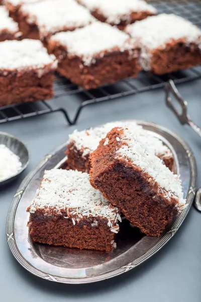 Homemade Brownie Coconut Flakes Swedish Dessert Karleksmums Cut Square Servings — Stock Photo, Image