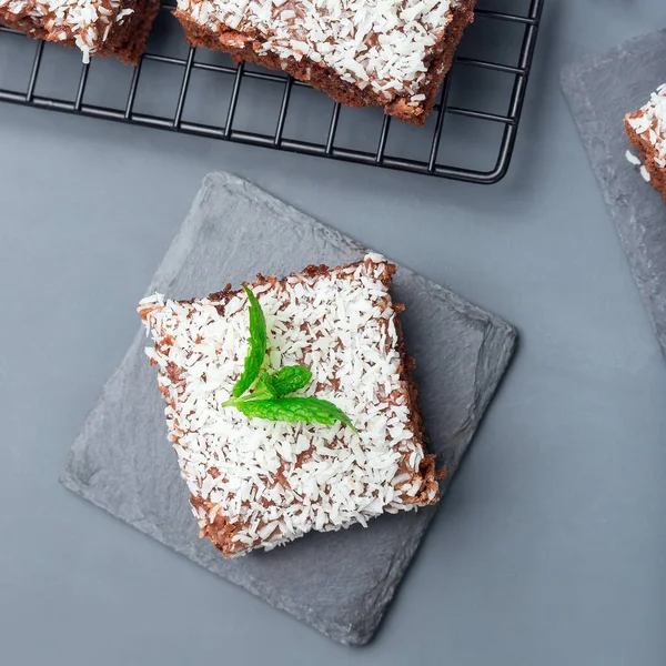 Homemade Brownie Coconut Flakes Swedish Dessert Karleksmums Cut Square Servings — Stock Photo, Image