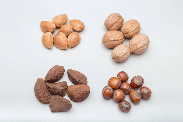 Heaps Different Kinds Nuts Shell Hazelnut Walnut Almond Brazil Nuts — Stock Photo, Image