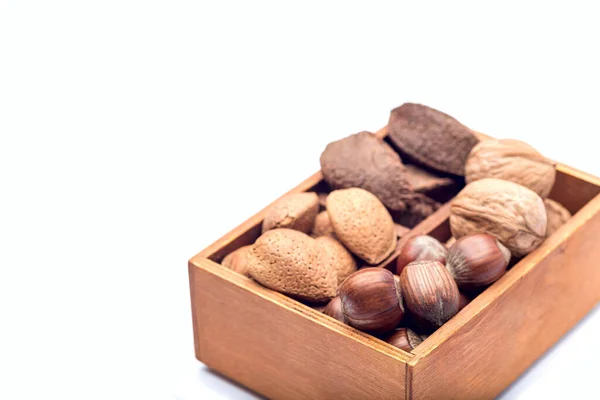 Different Kinds Nuts Shell Hazelnut Walnut Almond Brazil Nuts Wooden — Stock Photo, Image