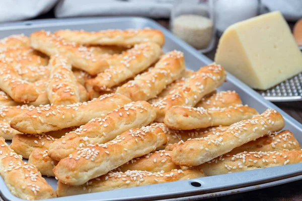 Homemade Savory Bread Sticks Cheese Sesame Baking Tray Horizontal — Stock Photo, Image