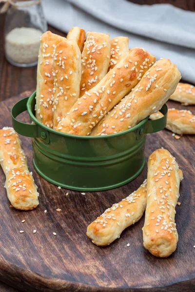 Homemade Savory Bread Sticks Cheese Sesame Wooden Table Vertical — Stock Photo, Image