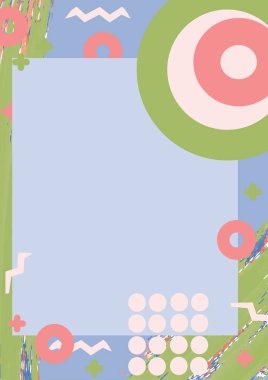 Mercan, yeşil ve mavi renklerde geometrik desenli Memphis tarzı şablon, raster illüstrasyon