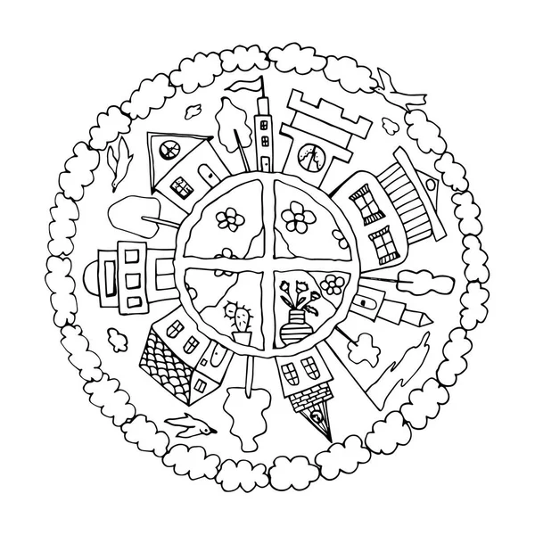 Mandala Dibujado Mano Decorativo Con Casas Detalles Vida Ciudad Nubes — Foto de Stock