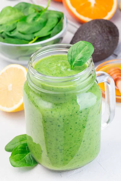 Green Detox Smoothie Avocado Spinach Cucumber Orange Lemon Honey Glass — Stock Photo, Image