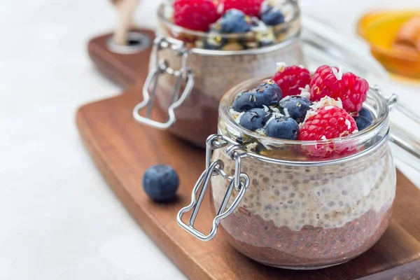 Kavanozda çikolata ve fıstık ezmeli chia tohumu pudingi, ahududu, yabanmersini, bal ve hindistan cevizi taneleri ile süslenmiş, yatay, kopyalama alanı