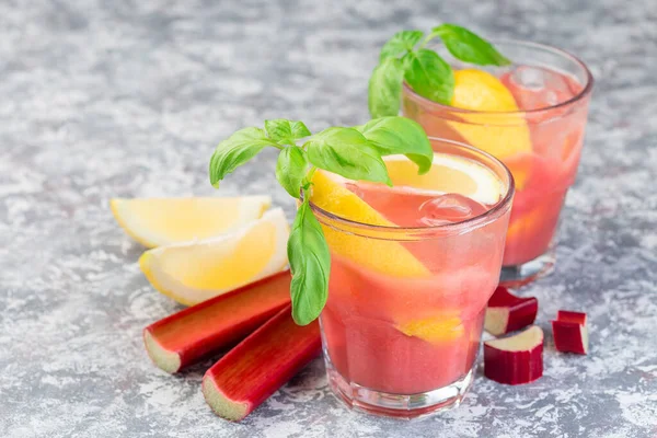 Refreshing Lemonade Rhubarb Lemon Sparkling Water Basil Glass Horizontal Copy — Stock Photo, Image