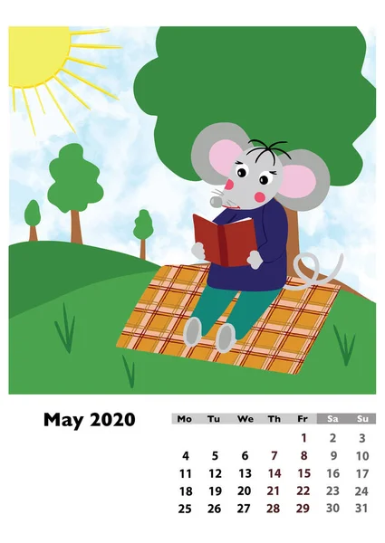 子供カレンダー2020 メインヒーローラットやマウスと 新年のシンボル 週は月曜日に始まります 漫画風デジタルドローイング ラスターイラスト — ストック写真