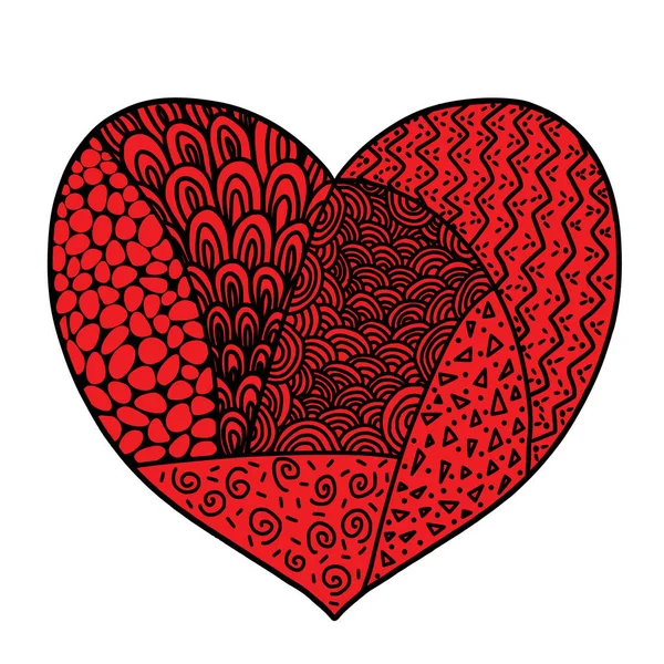 Doodle style red heart with different patterns inside, valentines day card, vector illustration