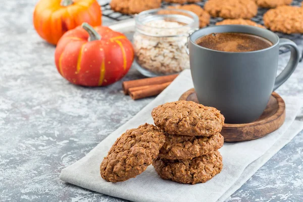 Spicy Pumpkin Oatmeal Cookies Cup Coffee Horizontal Copy Space — Stock Photo, Image