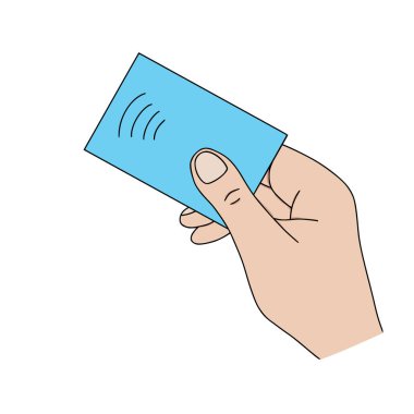 Banka kartıyla el, temassız ödeme konsepti, bir renk, raster illüstrasyon