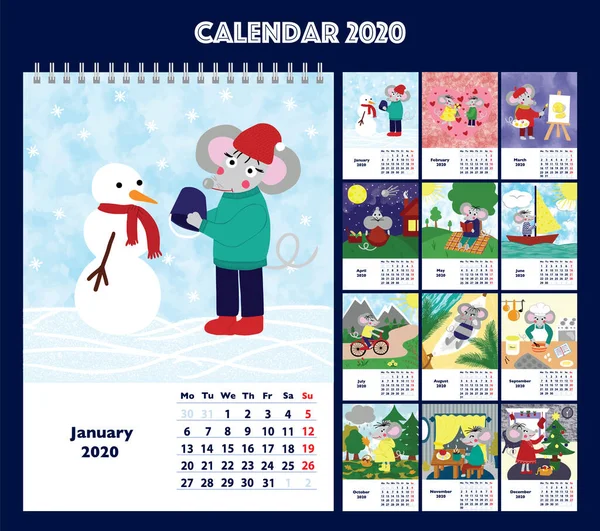 Children Calendar 2020 Whole Year Main Hero Rat Mouse Symbol — Stock Photo, Image
