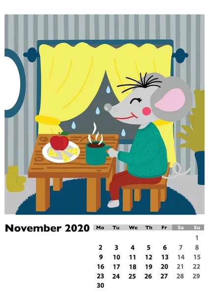 Kinderkalender 2020 Voor November Met Belangrijkste Held Rat Muis Een — Stockfoto