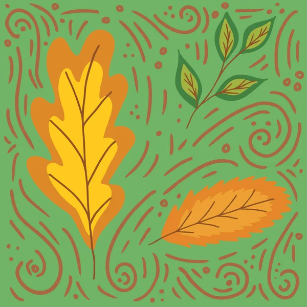 Autumn yellow and brown leaves in doodle style on a green background, raster illustration