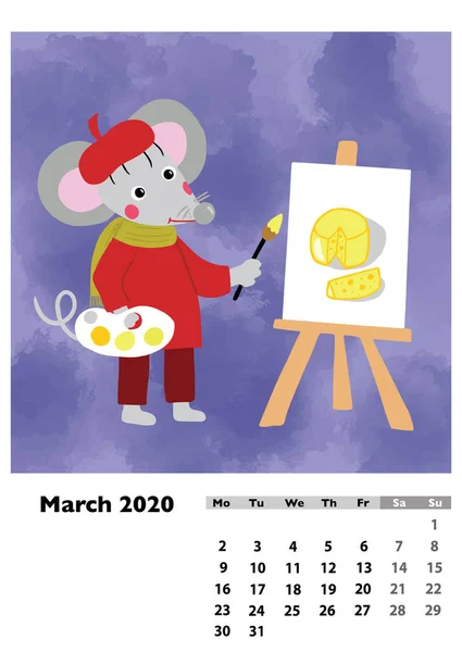 Kinderkalender 2020 Voor Maart Met Belangrijkste Held Rat Muis Een — Stockfoto