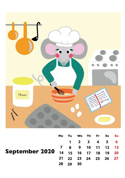 Kinderkalender 2020 Voor September Met Belangrijkste Held Rat Muis Een — Stockvector