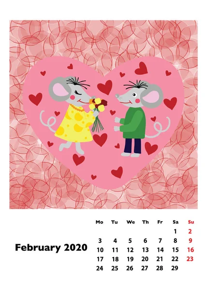 Calendario Infantil 2020 Para Febrero Con Héroe Principal Rata Ratón — Vector de stock