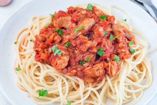 Espaguetis Con Salsa Atún Albahaca Tomate Adornado Con Perejil Horizontal — Foto de Stock