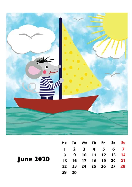 子供カレンダー2020 メインヒーローラットやマウスと 新年のシンボル 週は月曜日に始まります 漫画風デジタルドローイング ベクトルイラスト — ストックベクタ