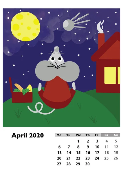 子供カレンダー2020 メインヒーローラットやマウスと 新年のシンボル 週は月曜日に始まります 漫画風デジタルドローイング ラスターイラスト — ストック写真