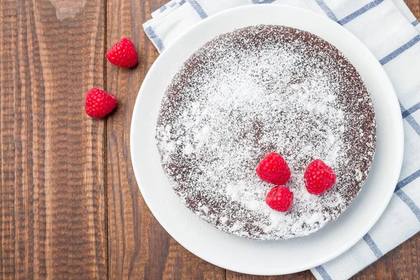 Chocolate Sticky Brownie Cake Swedish Dessert Kladdkaka Plate Garnished Icing — Stock Photo, Image