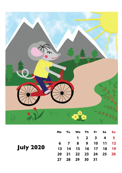 子供のカレンダー2020 メインヒーローラットやマウスと 新年のシンボル 週は月曜日に始まります 漫画風デジタルドローイング ベクトルイラスト — ストックベクタ