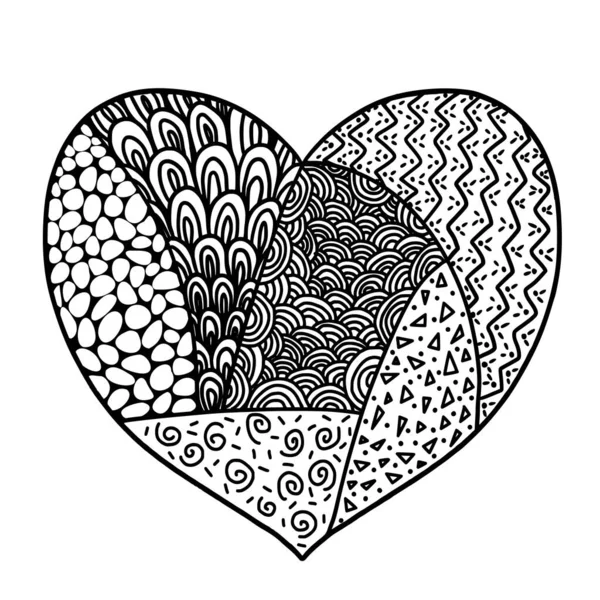 多德尔风格的心脏 内部有不同的图案 着色曼达拉 黑色轮廓 矢量插图 — 图库矢量图片