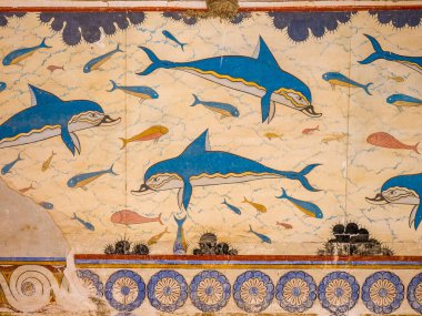 Yunus freski, minoan kültürünün sembolü. Yunanistan 'ın Girit adasındaki Knossos Sarayı harabeleri. Knossos 'un ünlü Minos sarayı