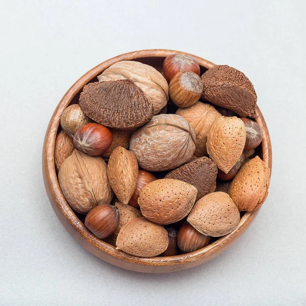 Different Kinds Nuts Shell Hazelnut Walnut Almond Brazil Nuts Wooden — Stock Photo, Image