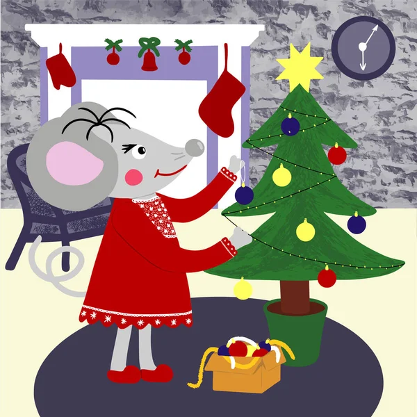Ratte Oder Maus Schmückt Einen Weihnachtsbaum Mit Kugeln Und Girlanden — Stockvektor
