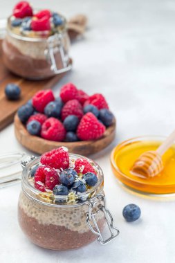 Bir kavanozda çikolata ve fıstık ezmeli chia tohumu pudingi, ahududu, yabanmersini, bal ve hindistan cevizi taneleriyle süslenmiş, dikey, kopyalama alanı