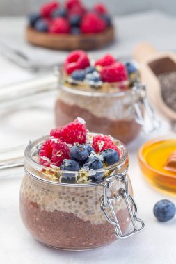 Kavanozda çikolata ve fıstık ezmeli chia tohumu pudingi, ahududu, yabanmersini, bal ve hindistan cevizi taneleriyle süslenmiş, dikey