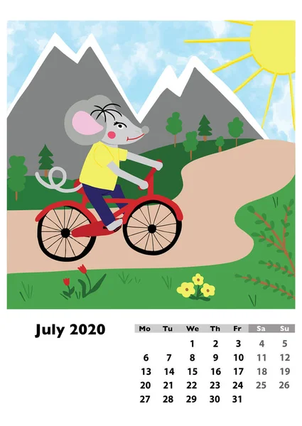 Calendário Crianças 2020 Para Julho Com Rato Herói Principal Rato — Fotografia de Stock