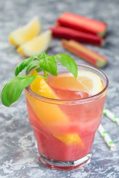 Refreshing Lemonade Rhubarb Lemon Sparkling Water Basil Glass Vertical — Stock Photo, Image
