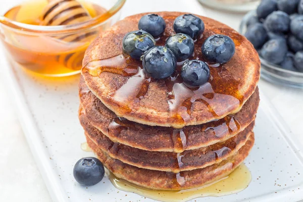 Healthy Oatmeal Banana Pancakes Garnished Blueberry Honey White Board Horizontal — Stock Photo, Image